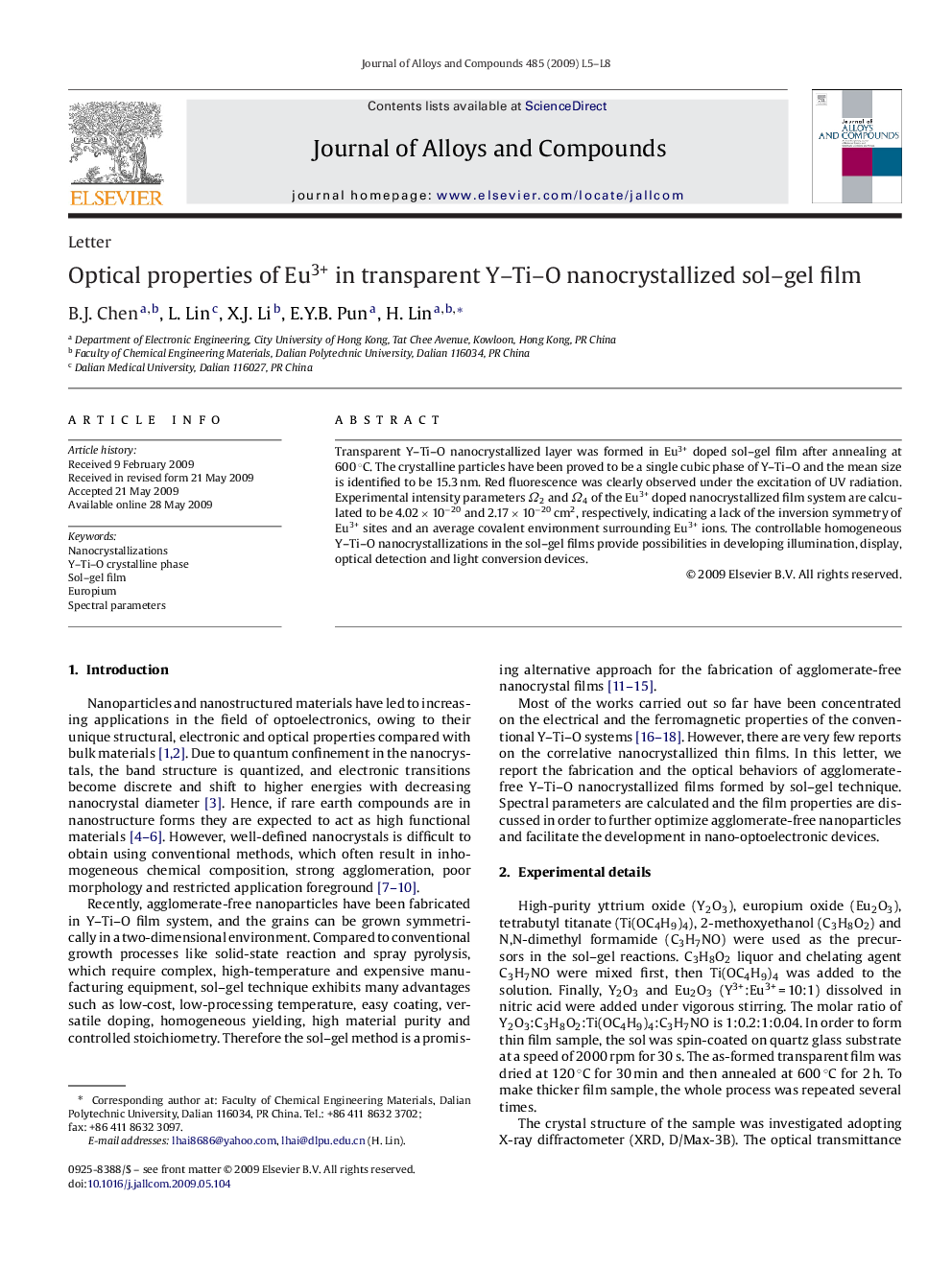 Optical properties of Eu3+ in transparent Y–Ti–O nanocrystallized sol–gel film