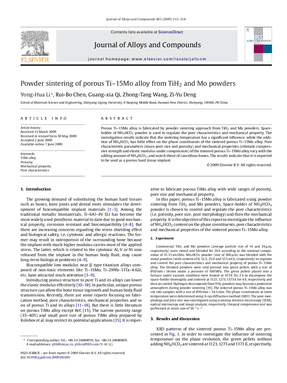 Powder sintering of porous Ti–15Mo alloy from TiH2 and Mo powders