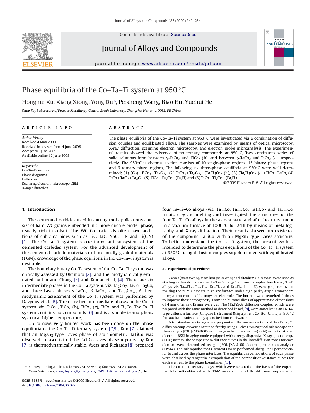 Phase equilibria of the Co–Ta–Ti system at 950 °C