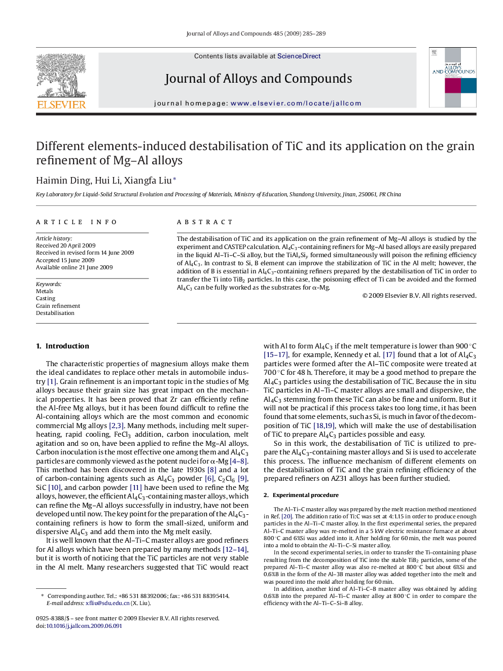 Different elements-induced destabilisation of TiC and its application on the grain refinement of Mg–Al alloys