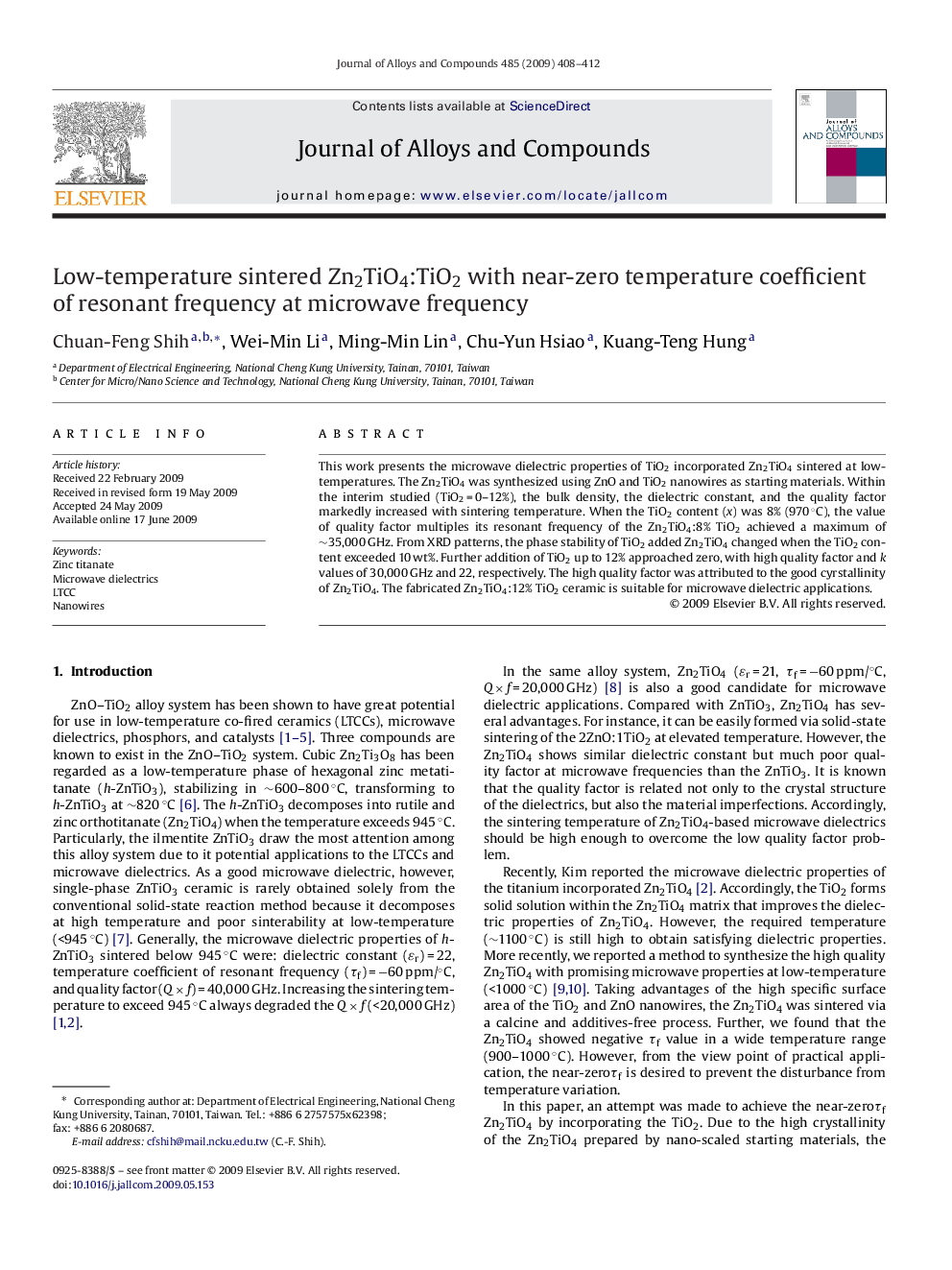 Low-temperature sintered Zn2TiO4:TiO2 with near-zero temperature coefficient of resonant frequency at microwave frequency