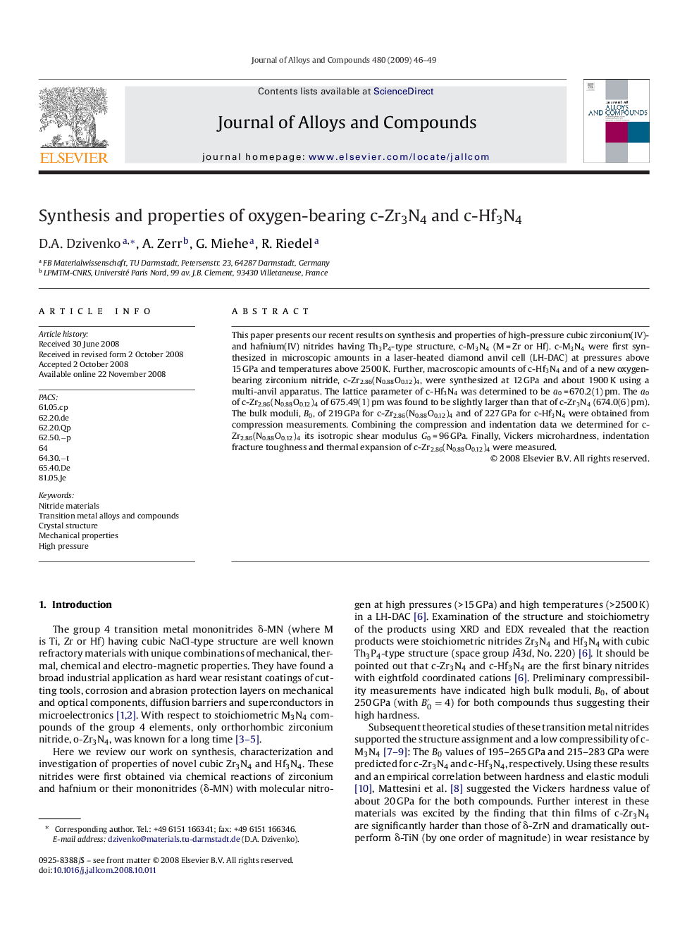 Synthesis and properties of oxygen-bearing c-Zr3N4 and c-Hf3N4