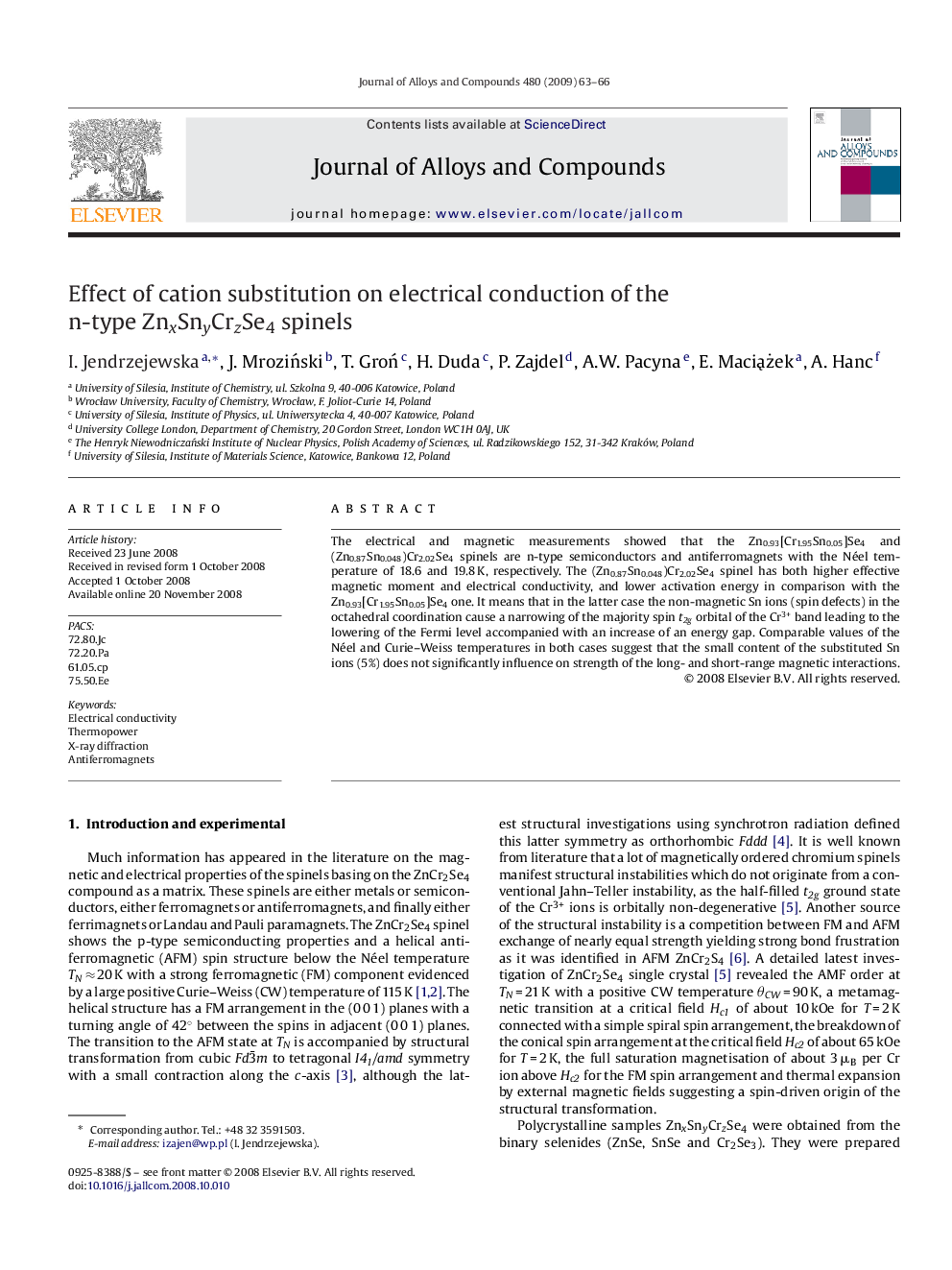 Effect of cation substitution on electrical conduction of the n-type ZnxSnyCrzSe4 spinels