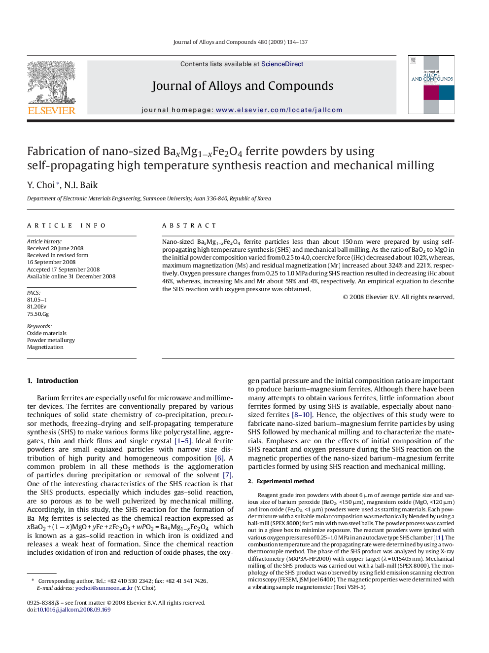 Fabrication of nano-sized BaxMg1âxFe2O4 ferrite powders by using self-propagating high temperature synthesis reaction and mechanical milling