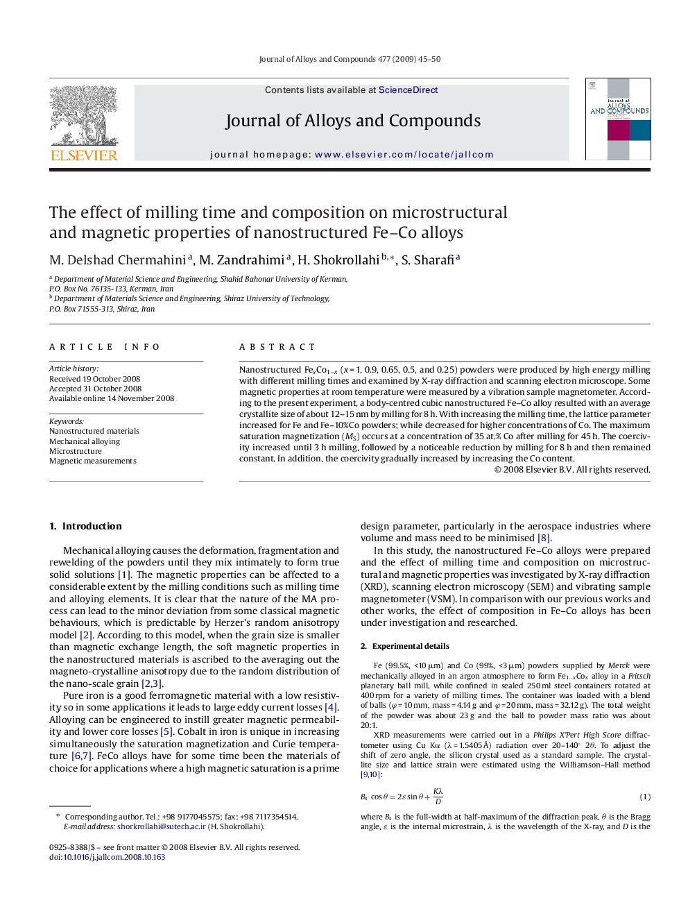 The effect of milling time and composition on microstructural and magnetic properties of nanostructured Fe–Co alloys