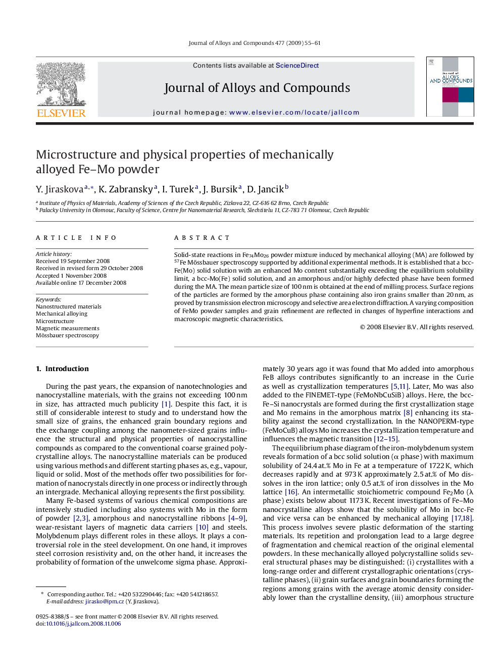 Microstructure and physical properties of mechanically alloyed Fe-Mo powder