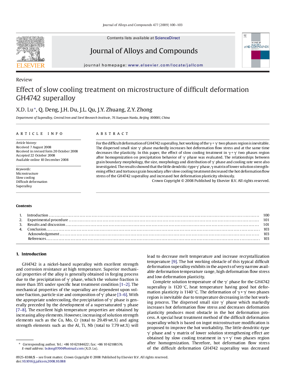 Effect of slow cooling treatment on microstructure of difficult deformation GH4742 superalloy