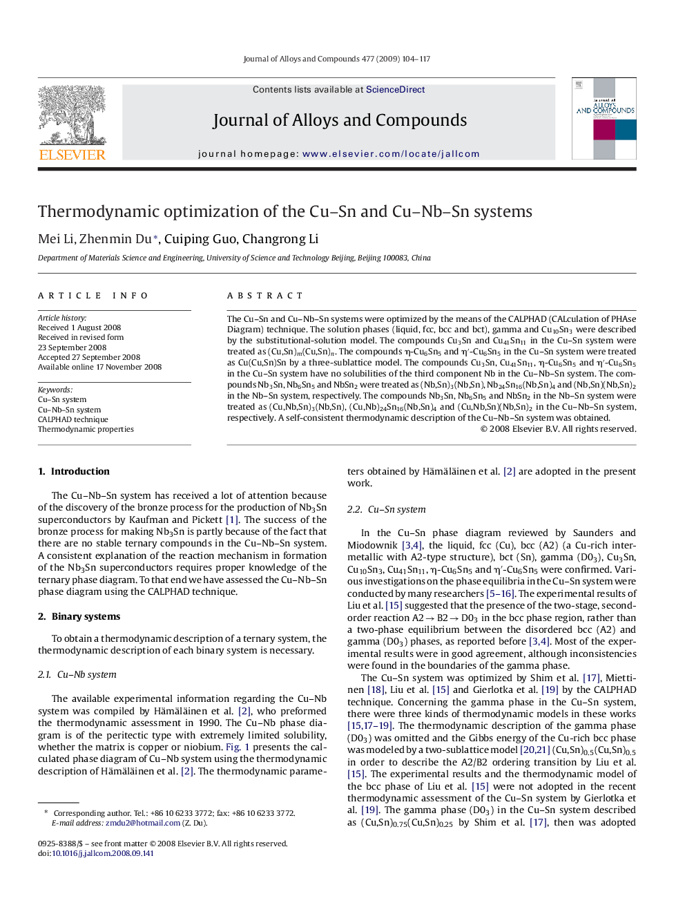 Thermodynamic optimization of the Cu–Sn and Cu–Nb–Sn systems