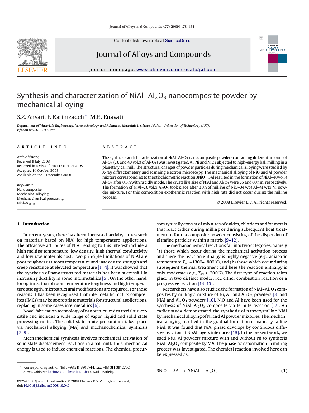 Synthesis and characterization of NiAl–Al2O3 nanocomposite powder by mechanical alloying