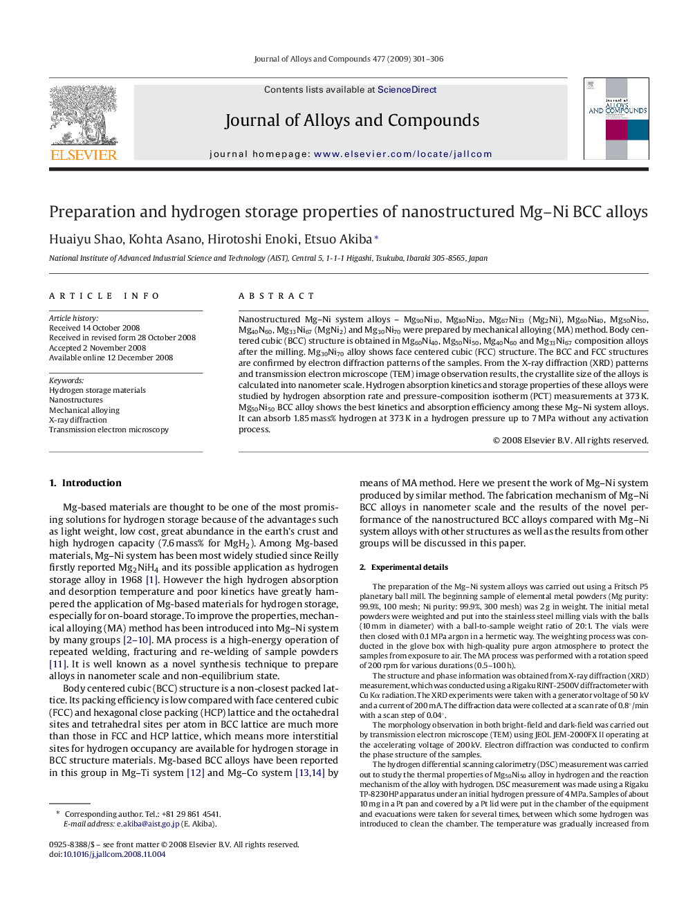 Preparation and hydrogen storage properties of nanostructured Mg–Ni BCC alloys