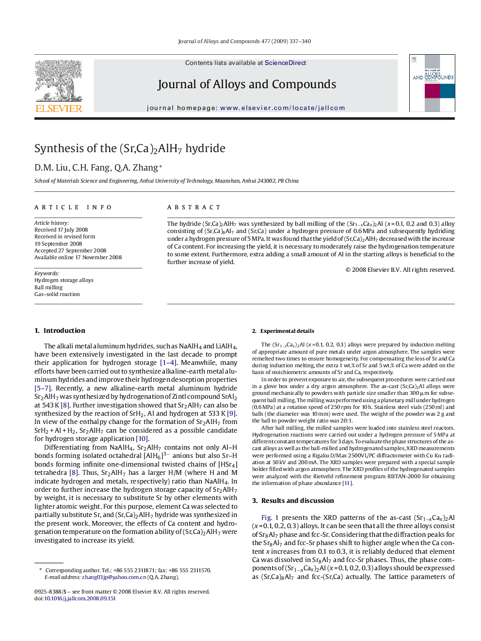 Synthesis of the (Sr,Ca)2AlH7 hydride