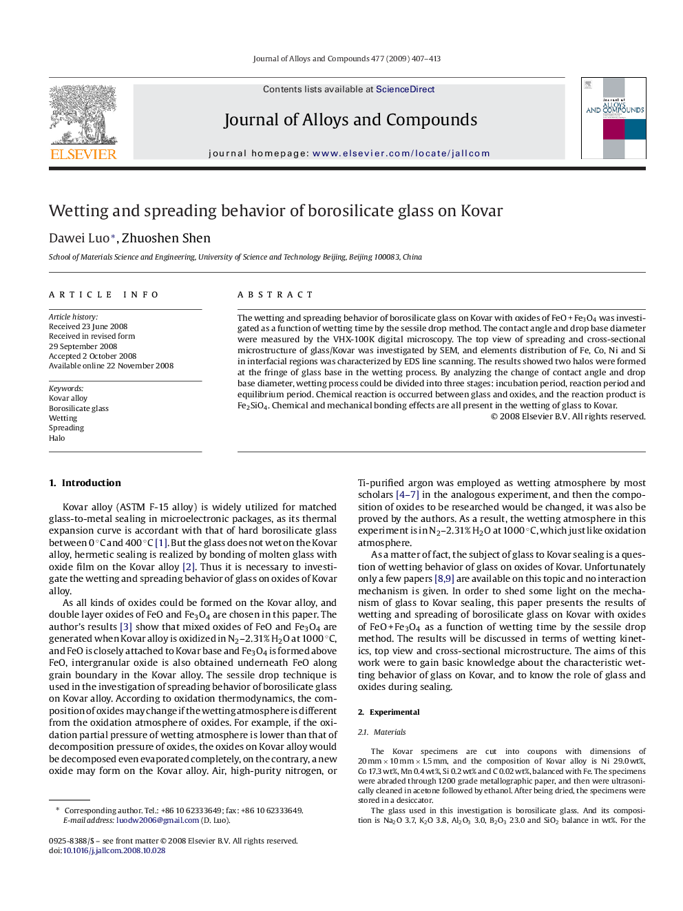 Wetting and spreading behavior of borosilicate glass on Kovar