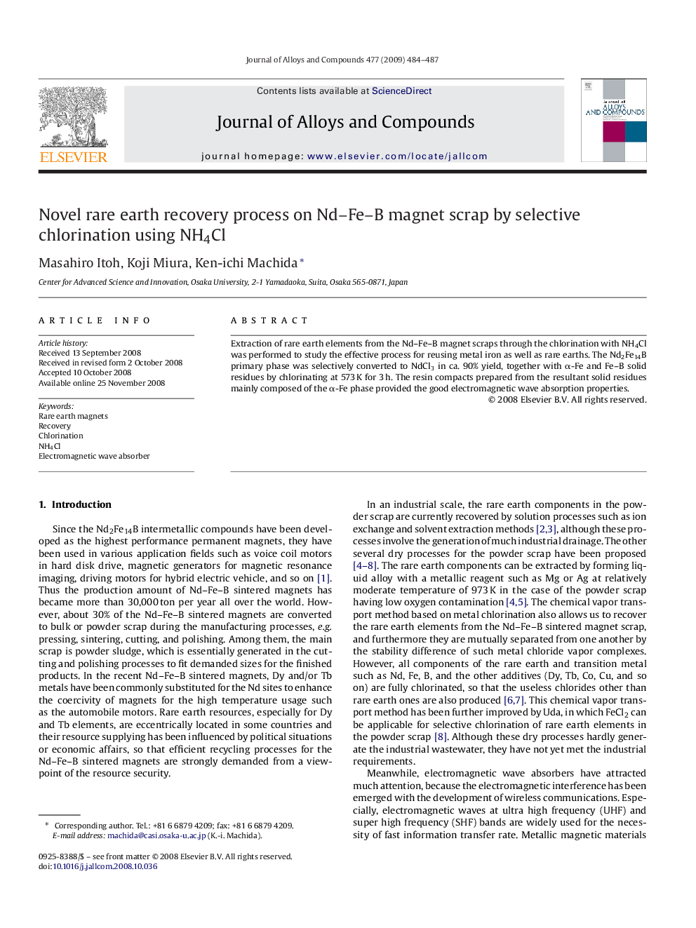 Novel rare earth recovery process on Nd–Fe–B magnet scrap by selective chlorination using NH4Cl