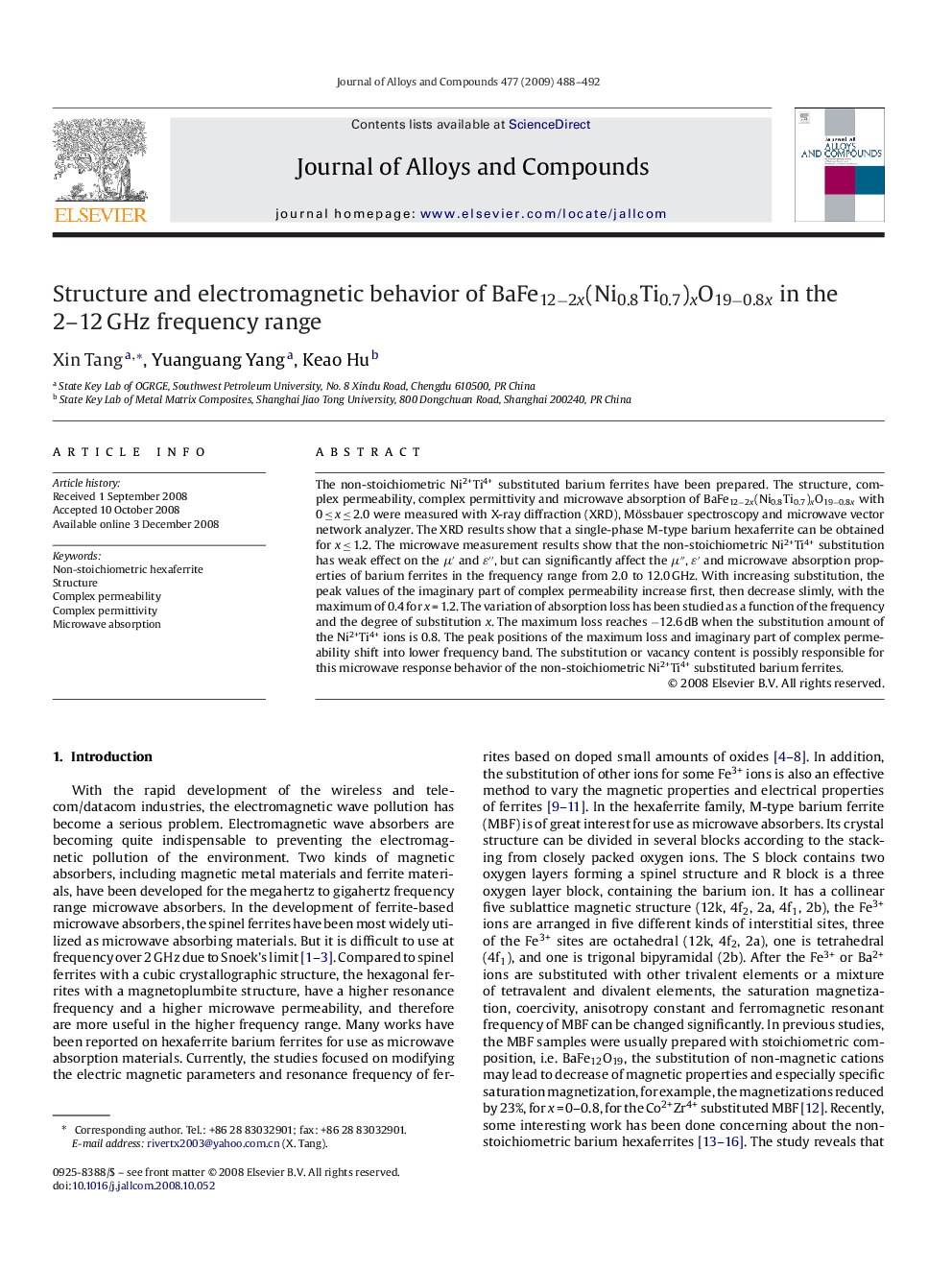 Structure and electromagnetic behavior of BaFe12â2x(Ni0.8Ti0.7)xO19â0.8x in the 2-12Â GHz frequency range