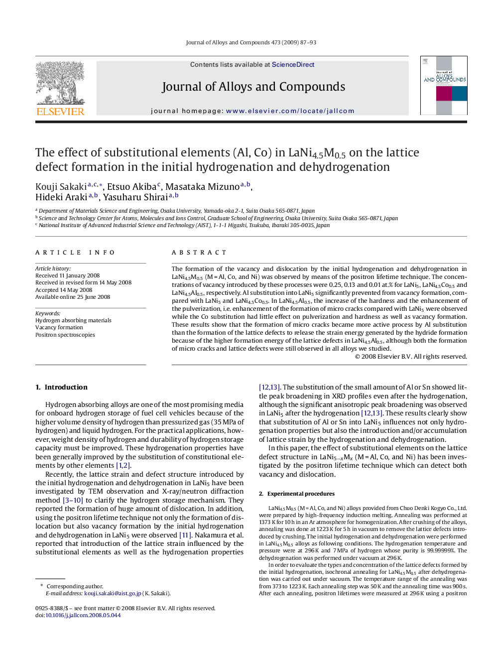 The effect of substitutional elements (Al, Co) in LaNi4.5M0.5 on the lattice defect formation in the initial hydrogenation and dehydrogenation