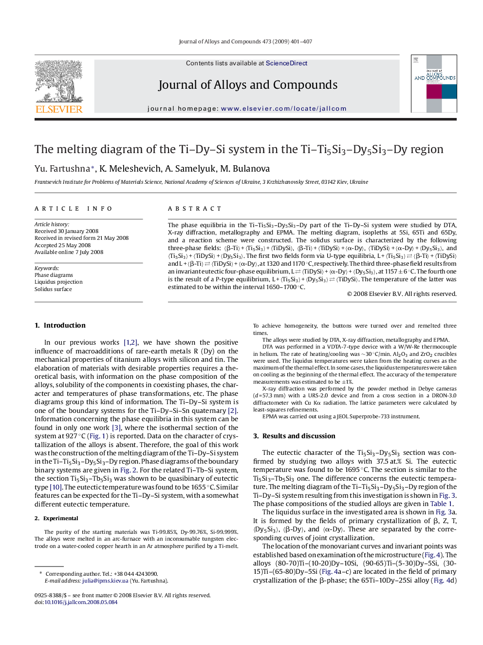 The melting diagram of the Ti-Dy-Si system in the Ti-Ti5Si3-Dy5Si3-Dy region