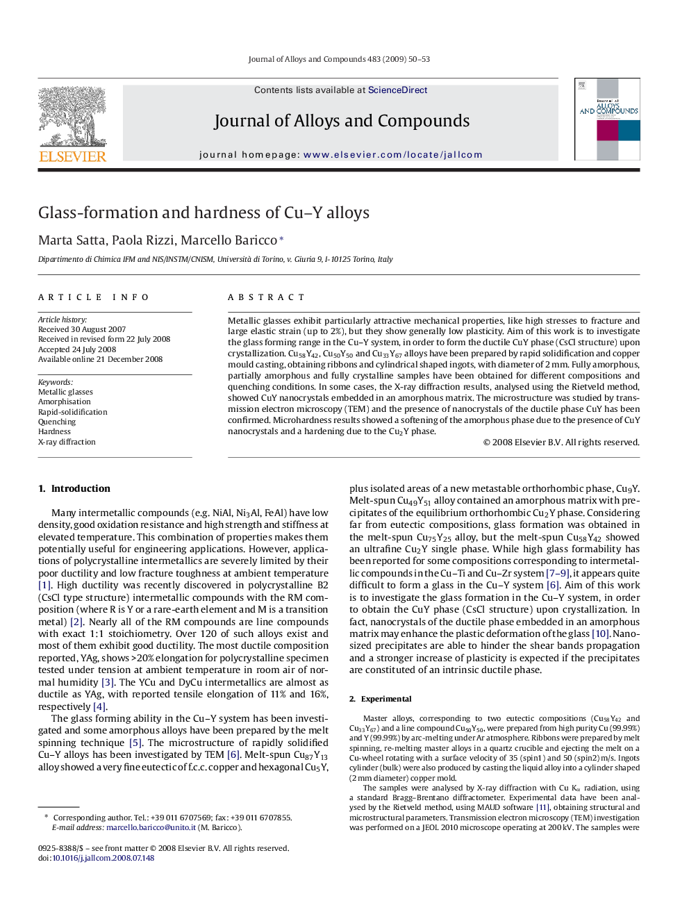 Glass-formation and hardness of Cu-Y alloys