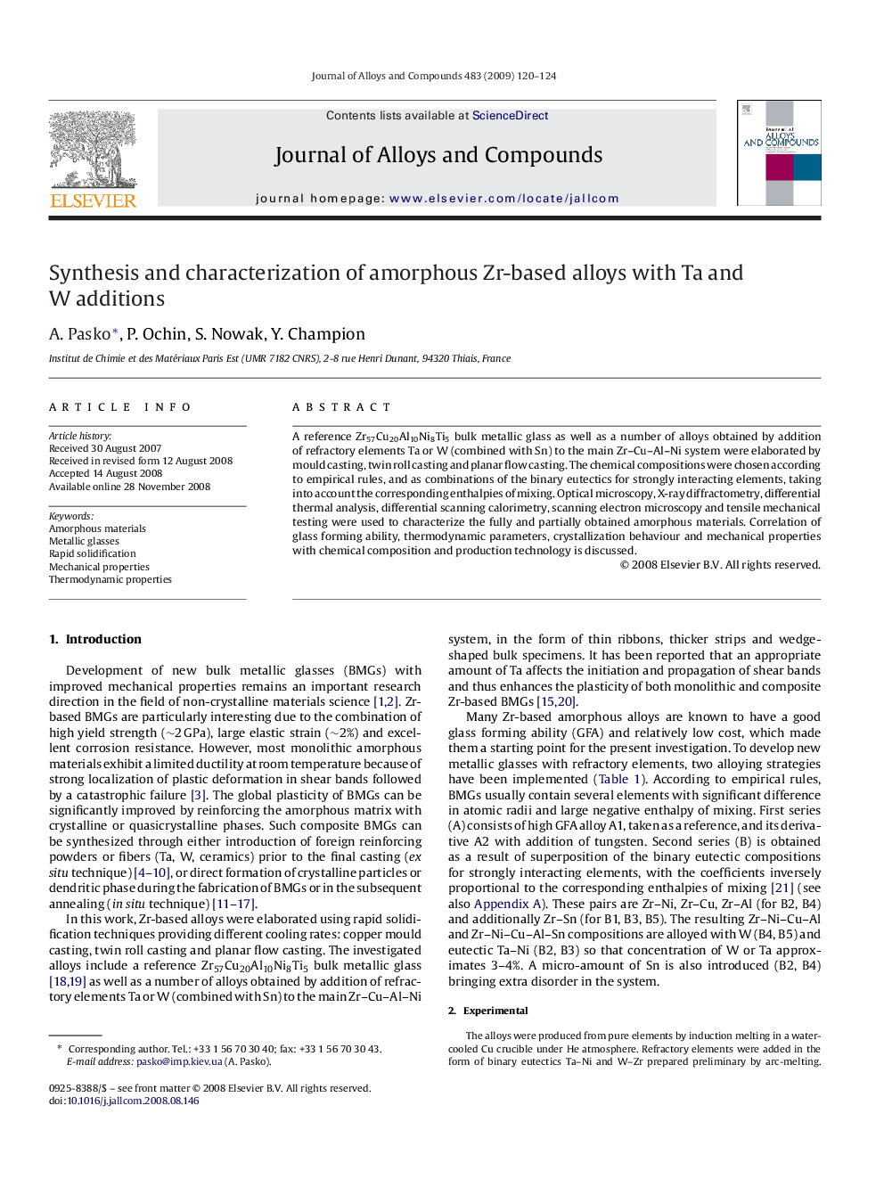 Synthesis and characterization of amorphous Zr-based alloys with Ta and W additions