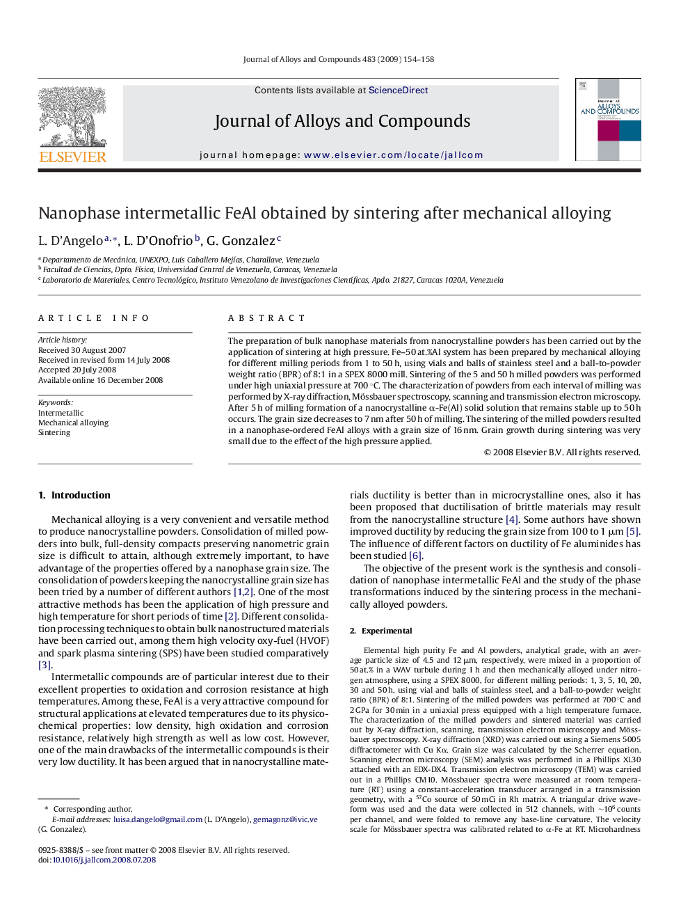 Nanophase intermetallic FeAl obtained by sintering after mechanical alloying