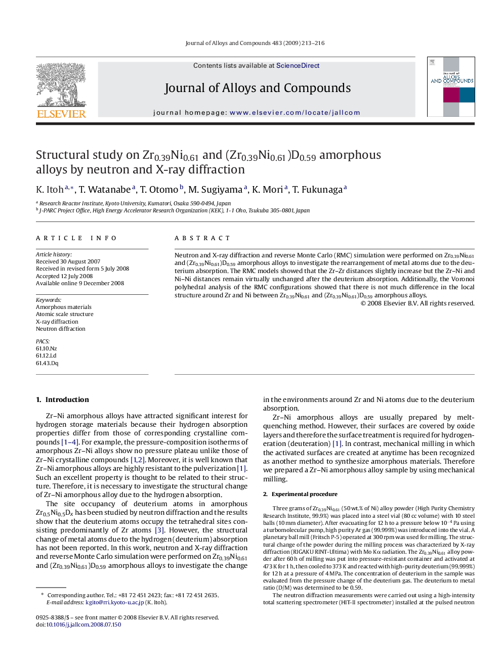 Structural study on Zr0.39Ni0.61 and (Zr0.39Ni0.61)D0.59 amorphous alloys by neutron and X-ray diffraction