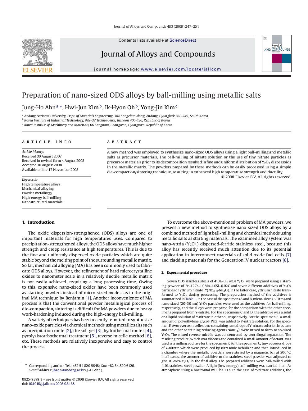 Preparation of nano-sized ODS alloys by ball-milling using metallic salts