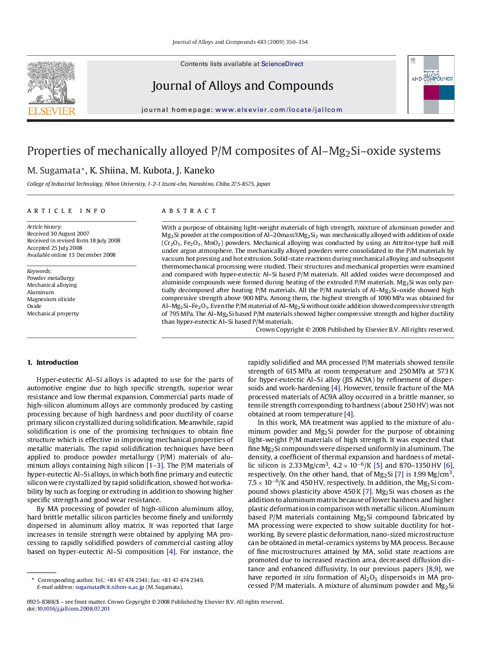 Properties of mechanically alloyed P/M composites of Al–Mg2Si–oxide systems