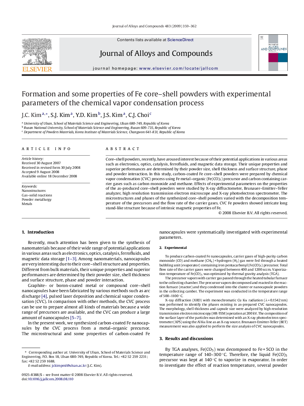 Formation and some properties of Fe core–shell powders with experimental parameters of the chemical vapor condensation process