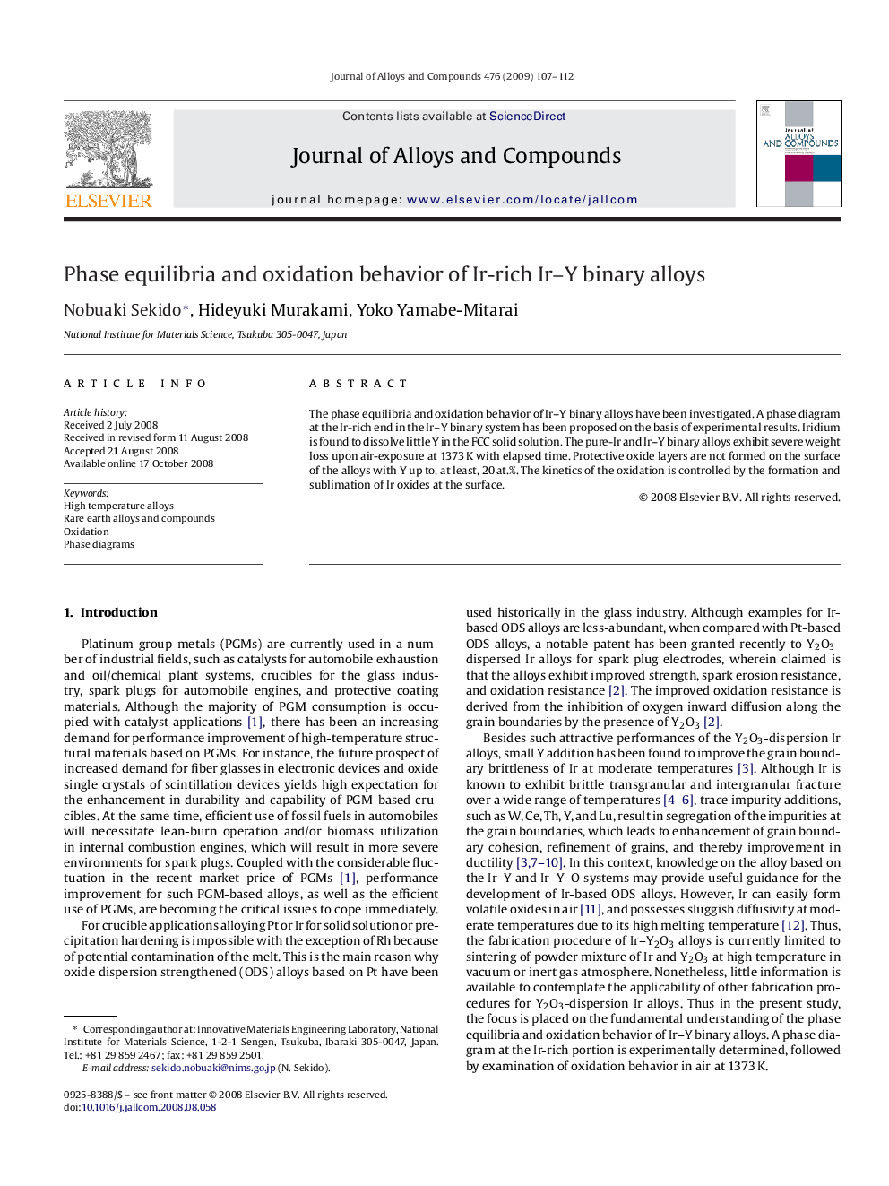 Phase equilibria and oxidation behavior of Ir-rich Ir–Y binary alloys