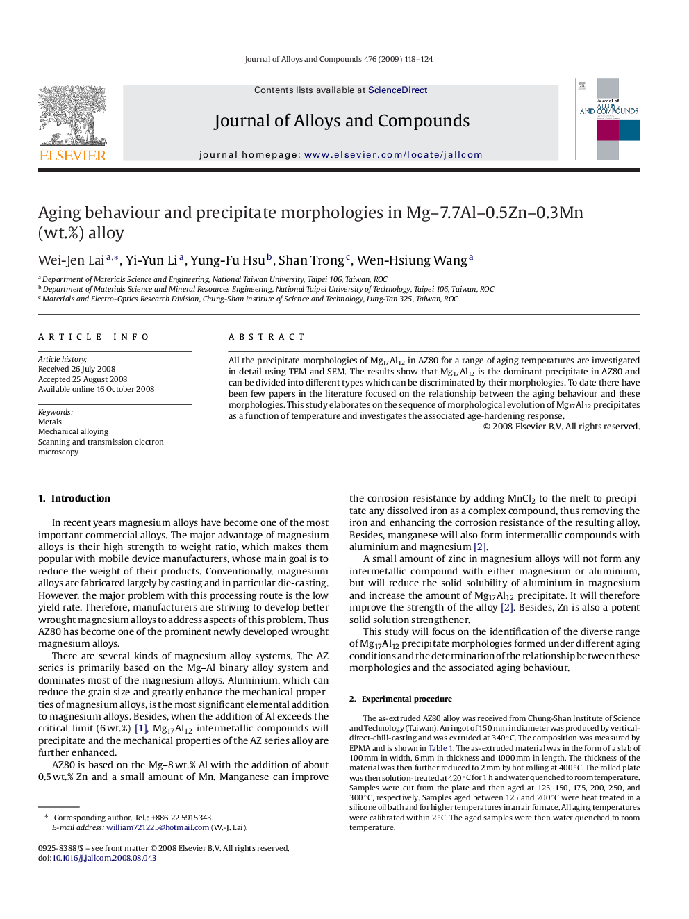 Aging behaviour and precipitate morphologies in Mg–7.7Al–0.5Zn–0.3Mn (wt.%) alloy