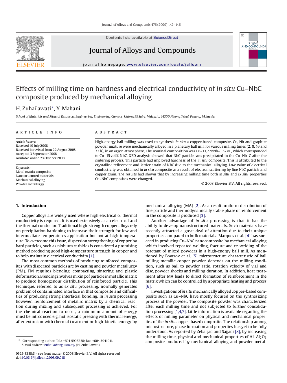 Effects of milling time on hardness and electrical conductivity of in situ Cu–NbC composite produced by mechanical alloying