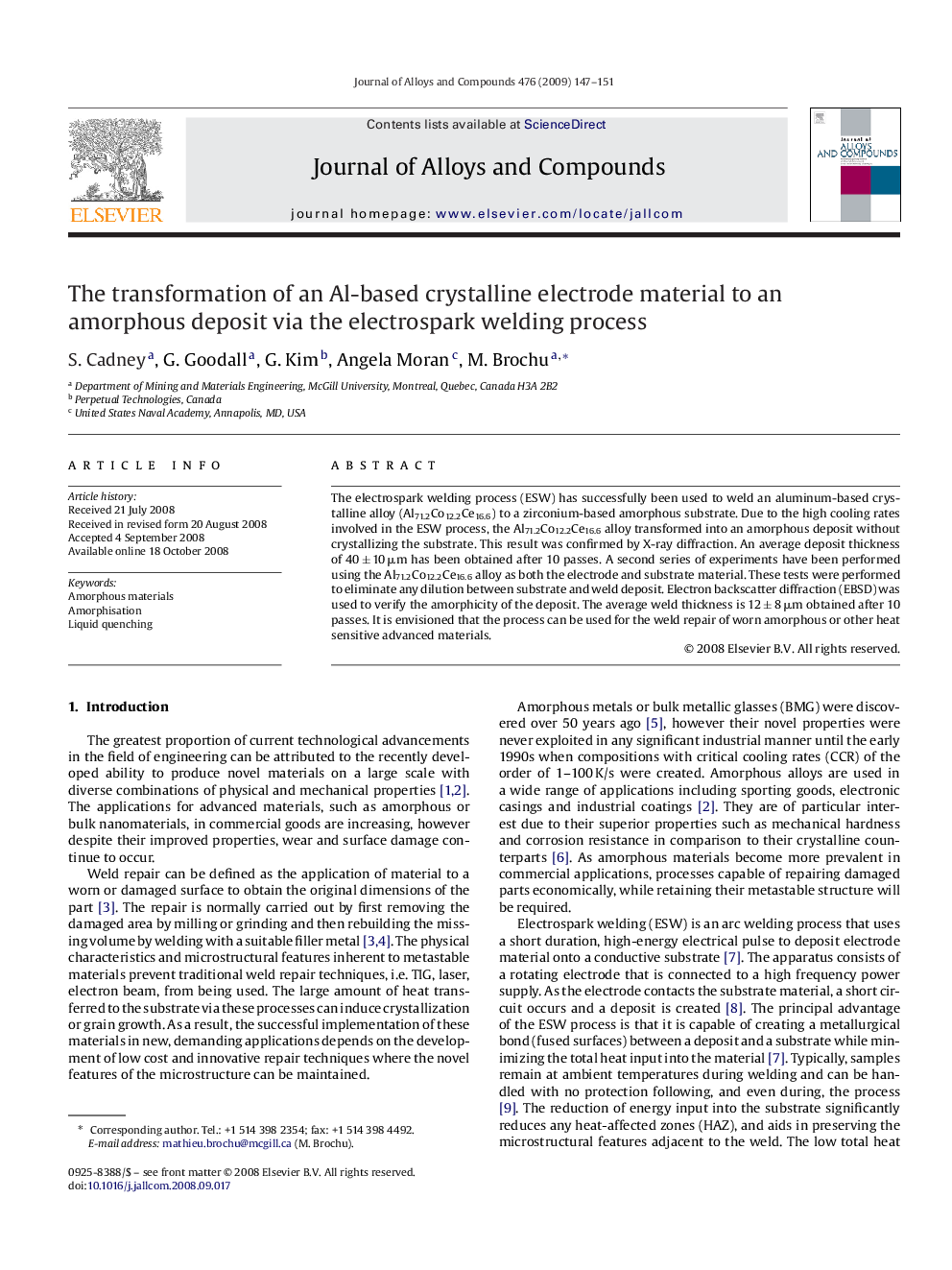 The transformation of an Al-based crystalline electrode material to an amorphous deposit via the electrospark welding process