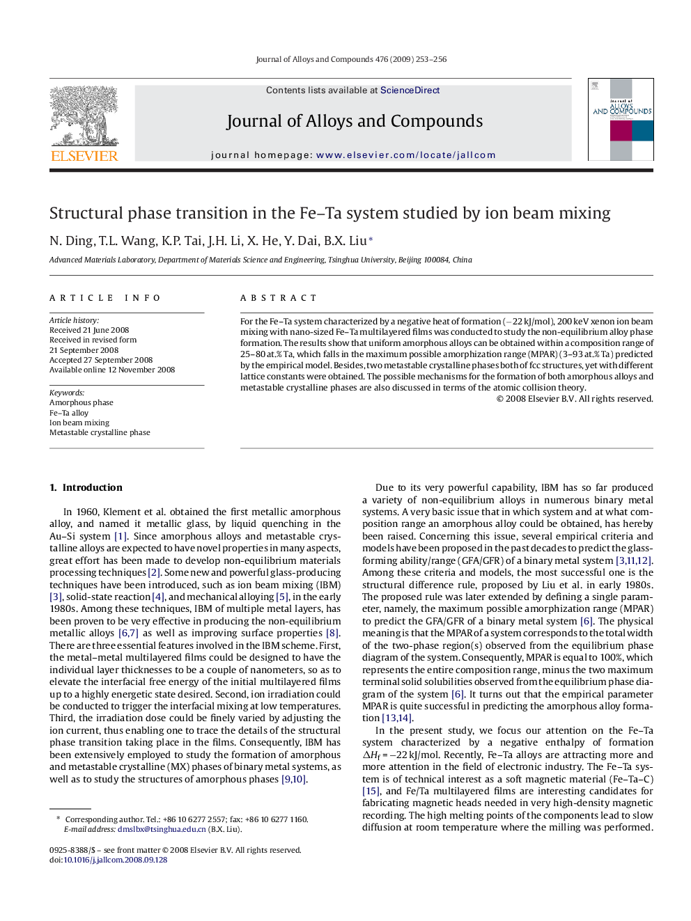 Structural phase transition in the Fe–Ta system studied by ion beam mixing