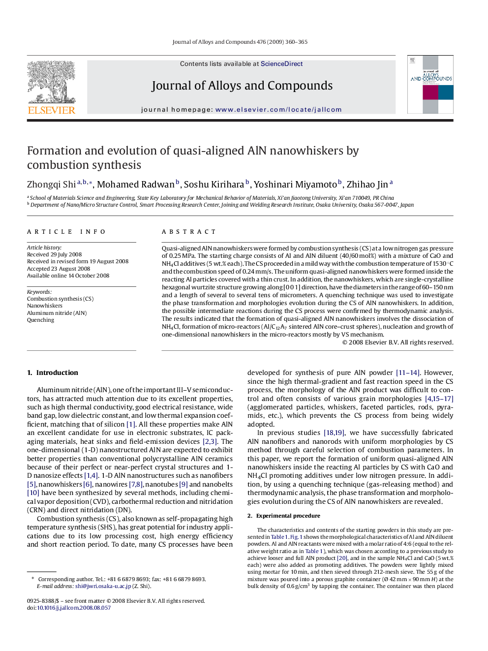 Formation and evolution of quasi-aligned AlN nanowhiskers by combustion synthesis