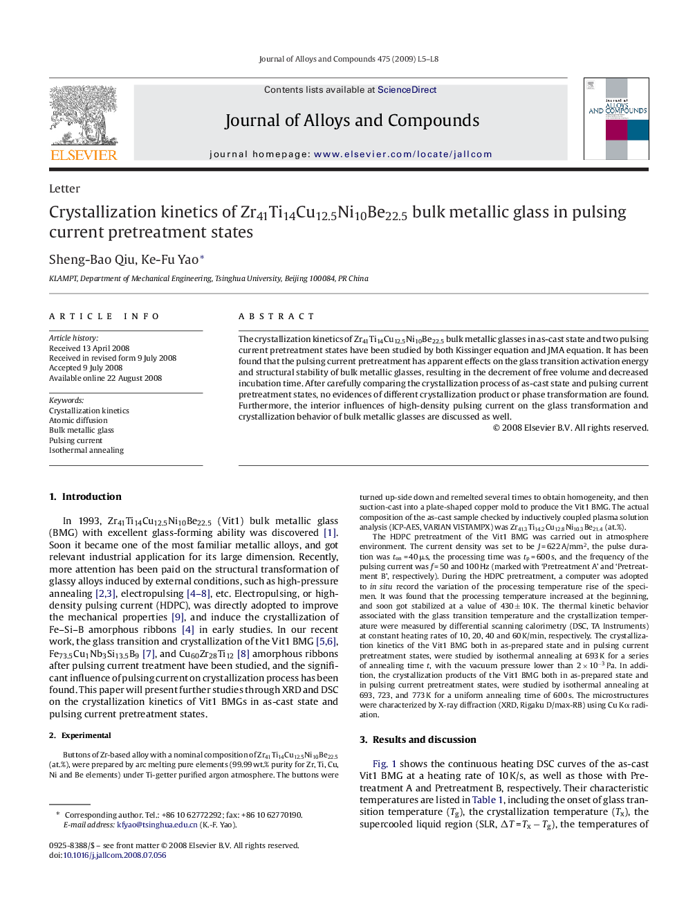 Crystallization kinetics of Zr41Ti14Cu12.5Ni10Be22.5 bulk metallic glass in pulsing current pretreatment states