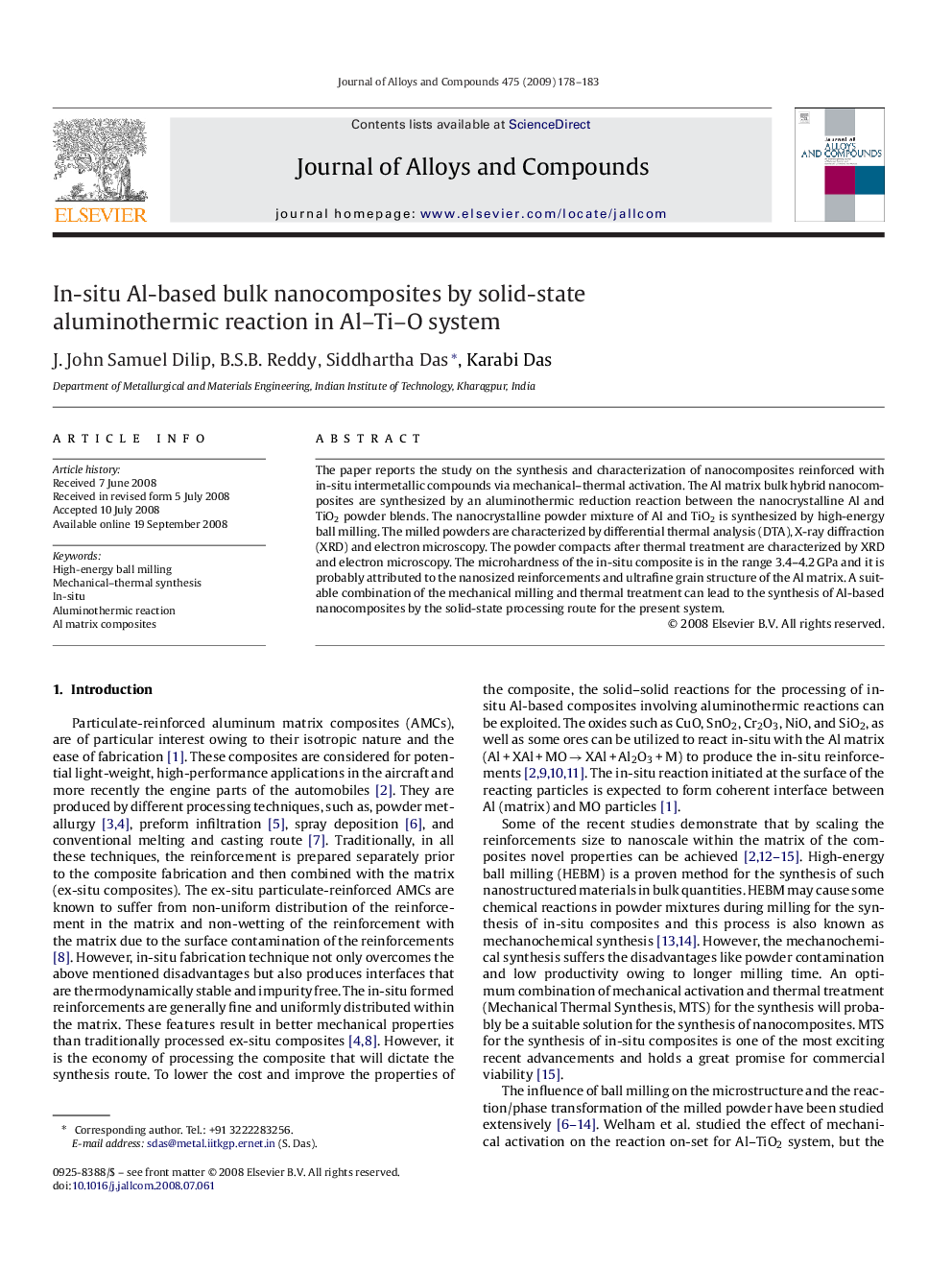 In-situ Al-based bulk nanocomposites by solid-state aluminothermic reaction in Al–Ti–O system