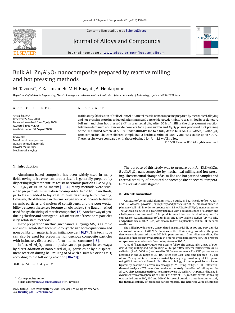 Bulk Al–Zn/Al2O3 nanocomposite prepared by reactive milling and hot pressing methods