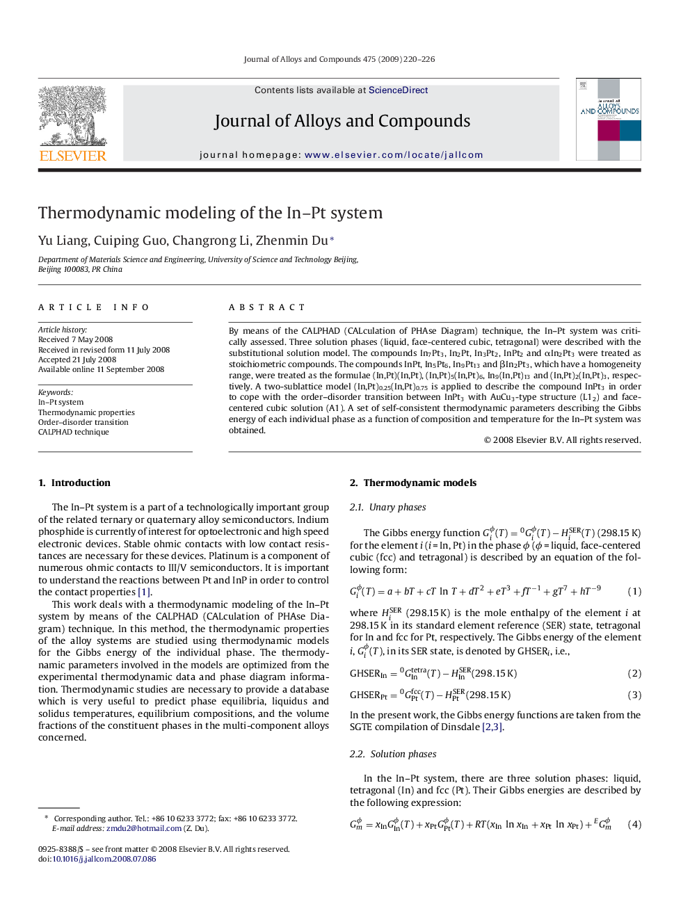 Thermodynamic modeling of the In–Pt system