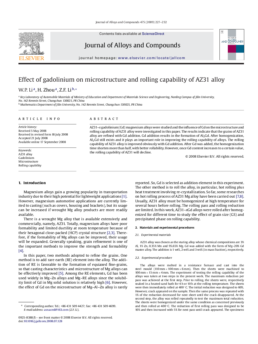 Effect of gadolinium on microstructure and rolling capability of AZ31 alloy