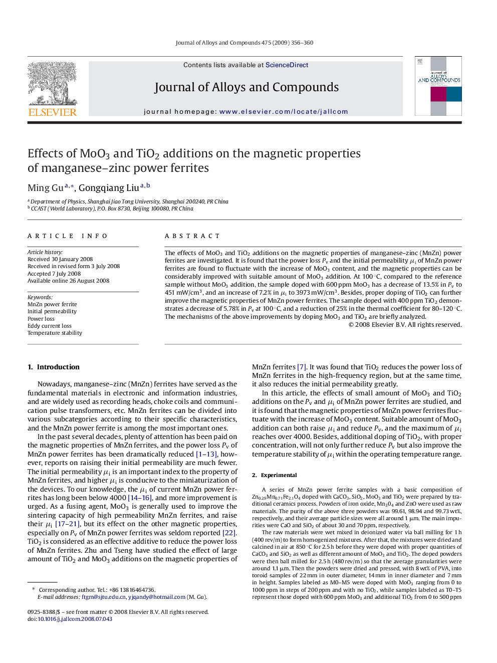 Effects of MoO3 and TiO2 additions on the magnetic properties of manganese–zinc power ferrites