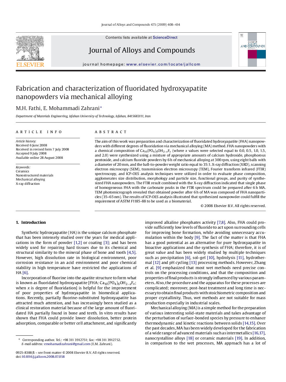 Fabrication and characterization of fluoridated hydroxyapatite nanopowders via mechanical alloying