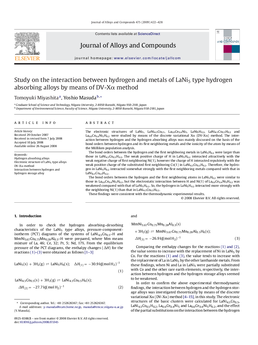 Study on the interaction between hydrogen and metals of LaNi5 type hydrogen absorbing alloys by means of DV-Xα method