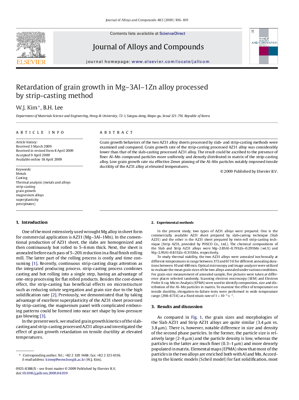 Retardation of grain growth in Mg–3Al–1Zn alloy processed by strip-casting method