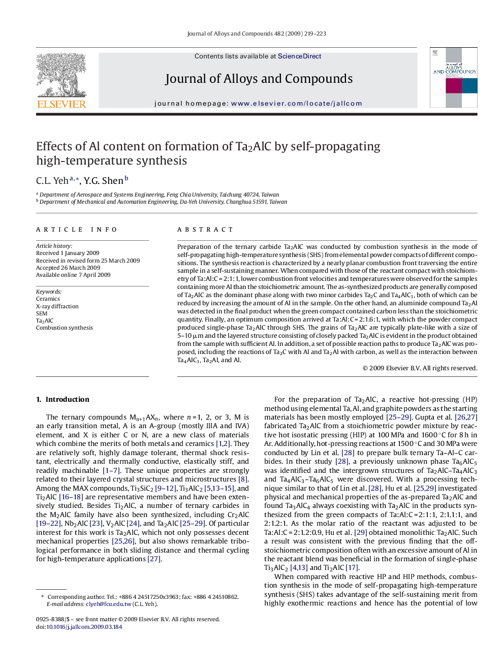 عکس صفحه اول مقاله: Effects of Al content on formation of Ta2AlC by self-propagating high-temperature synthesis Effects of Al content on formation of Ta2AlC by self-propagating high-temperature synthesis
