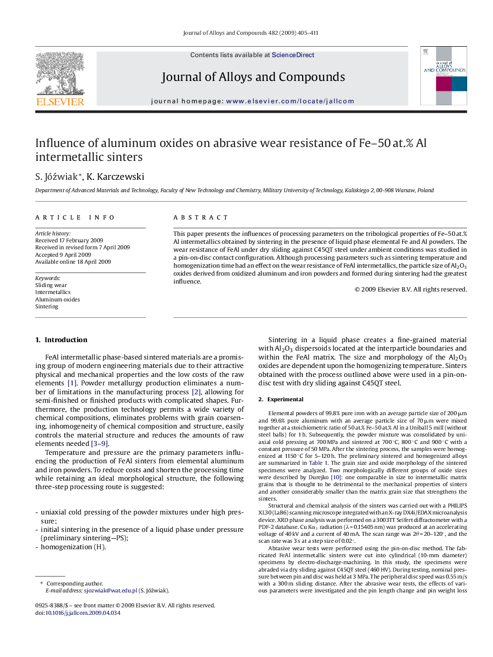 Influence of aluminum oxides on abrasive wear resistance of Fe–50 at.% Al intermetallic sinters