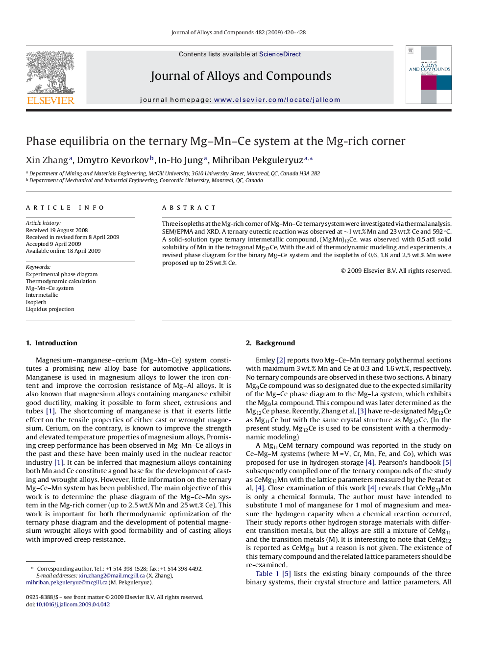 Phase equilibria on the ternary Mg-Mn-Ce system at the Mg-rich corner