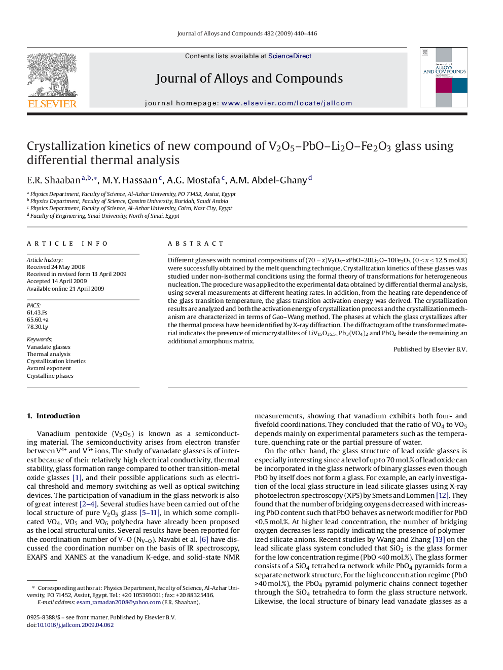 Crystallization kinetics of new compound of V2O5–PbO–Li2O–Fe2O3 glass using differential thermal analysis