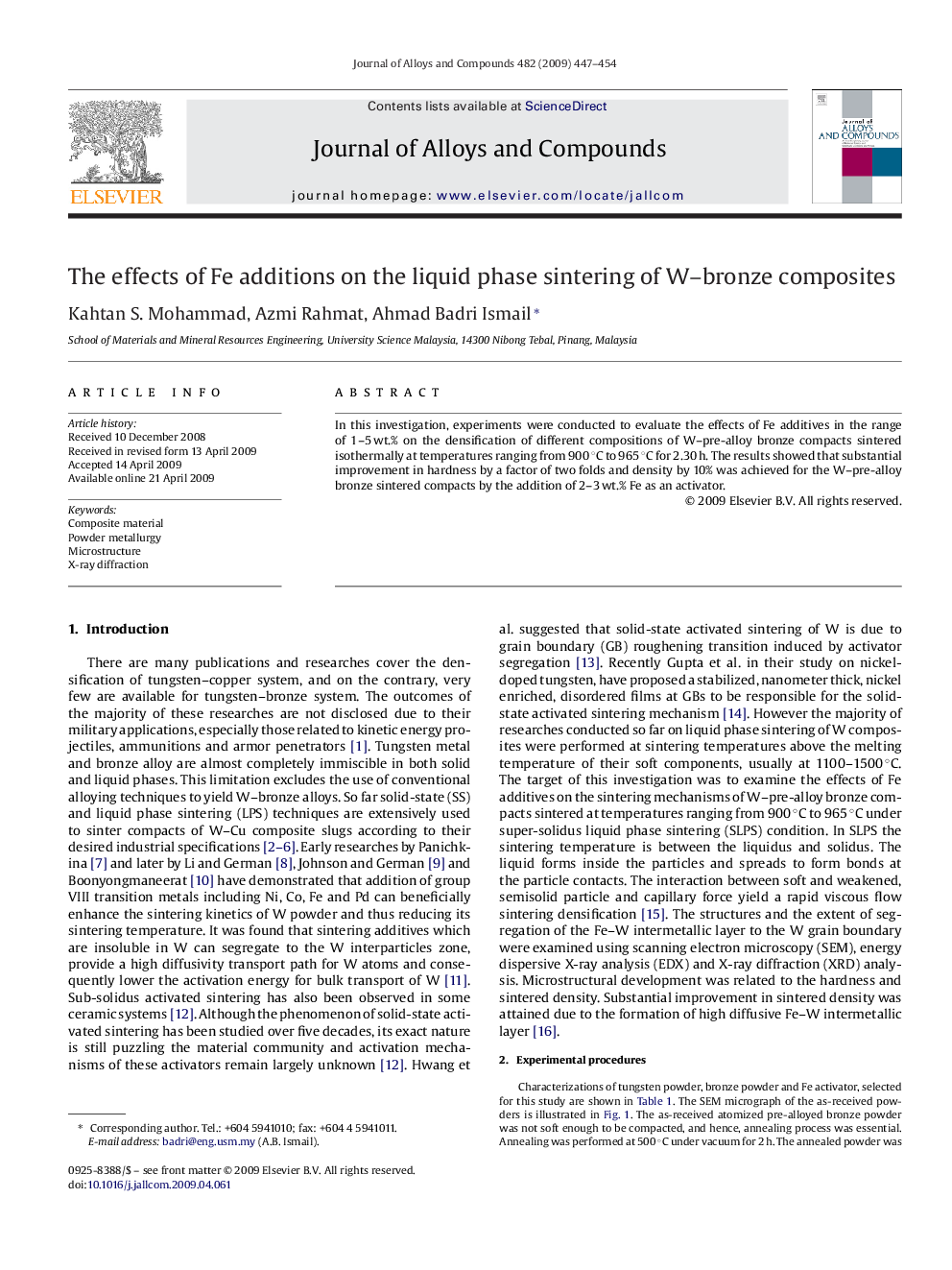 The effects of Fe additions on the liquid phase sintering of W–bronze composites