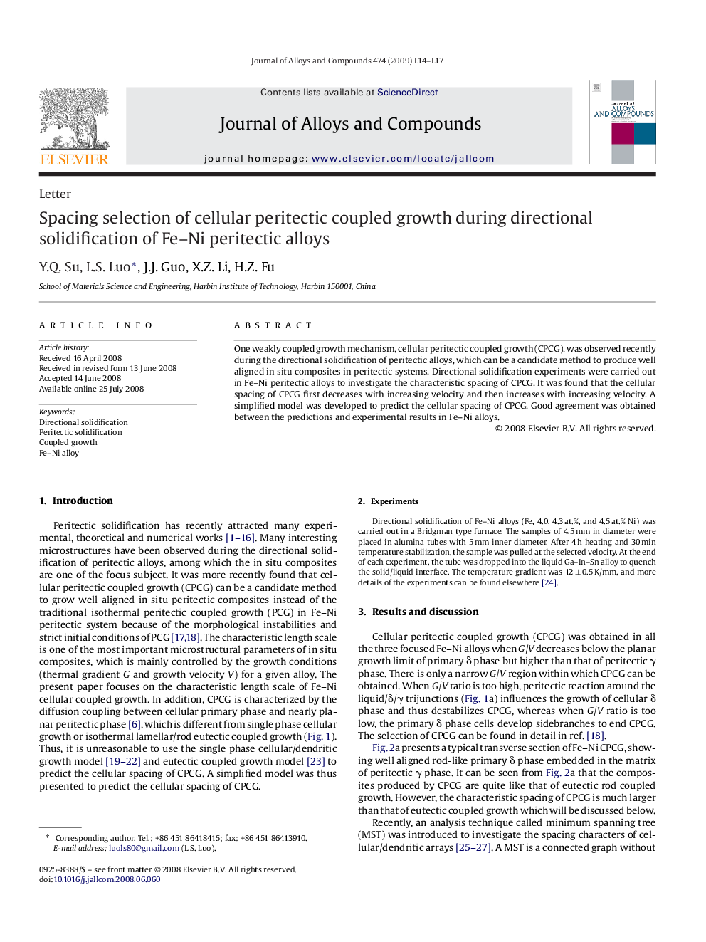 Spacing selection of cellular peritectic coupled growth during directional solidification of Fe–Ni peritectic alloys