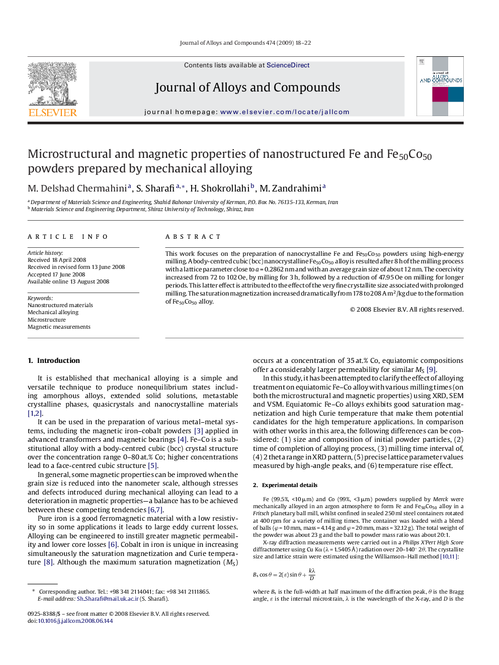 Microstructural and magnetic properties of nanostructured Fe and Fe50Co50 powders prepared by mechanical alloying