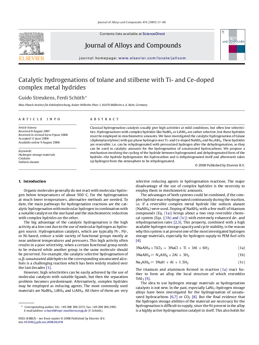 Catalytic hydrogenations of tolane and stilbene with Ti- and Ce-doped complex metal hydrides